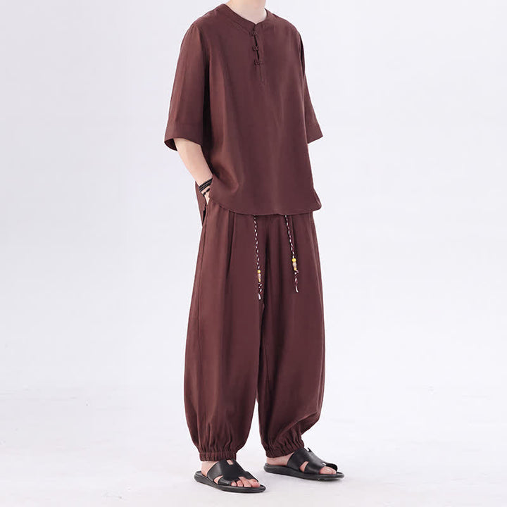 Buddha Stones Camisa de manga hasta el codo estilo Tang con botones de rana, color liso, ideal para primavera y verano. También disponible como prenda de meditación para hombre con bolsillo. - image 37