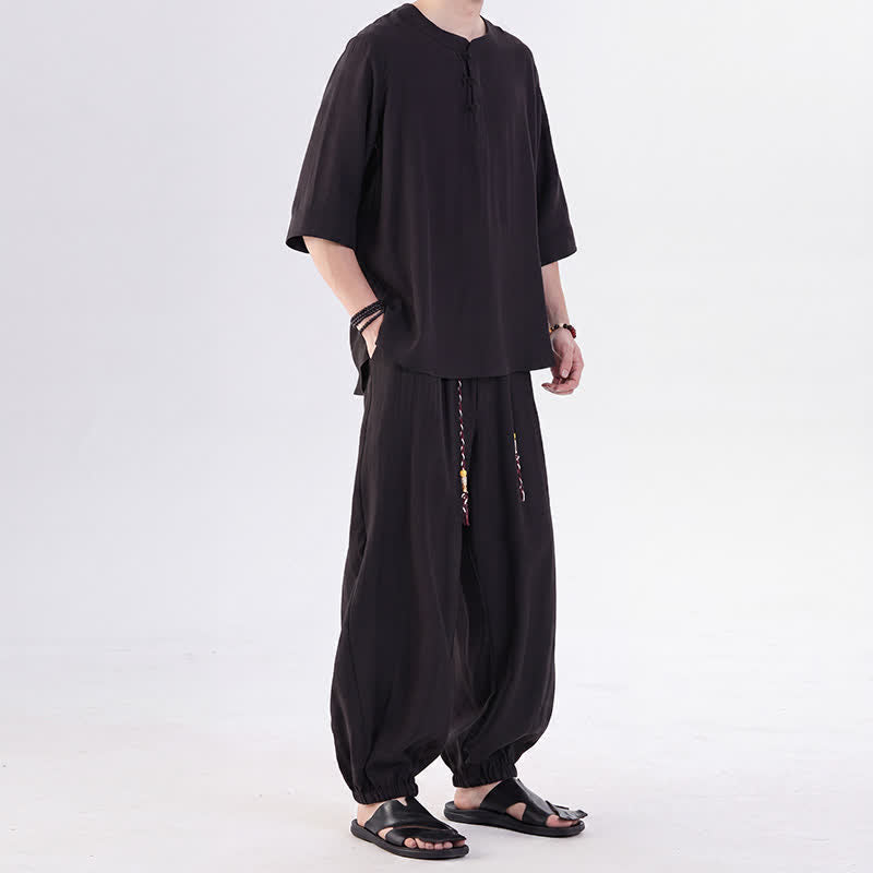 Buddha Stones Camisa de manga hasta el codo estilo Tang con botones de rana, color liso, ideal para primavera y verano. También disponible como prenda de meditación para hombre con bolsillo. - image 29