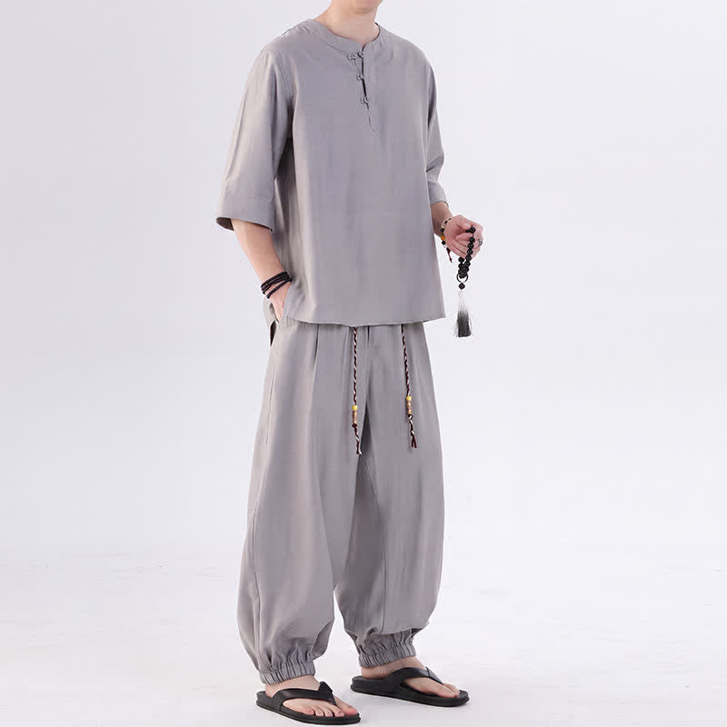 Buddha Stones Camisa de manga hasta el codo estilo Tang con botones de rana, color liso, ideal para primavera y verano. También disponible como prenda de meditación para hombre con bolsillo. - image 13