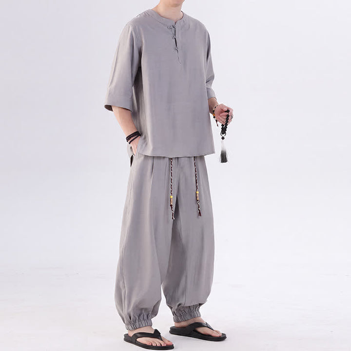 Buddha Stones Camisa de manga hasta el codo estilo Tang con botones de rana, color liso, ideal para primavera y verano. También disponible como prenda de meditación para hombre con bolsillo. - image 13