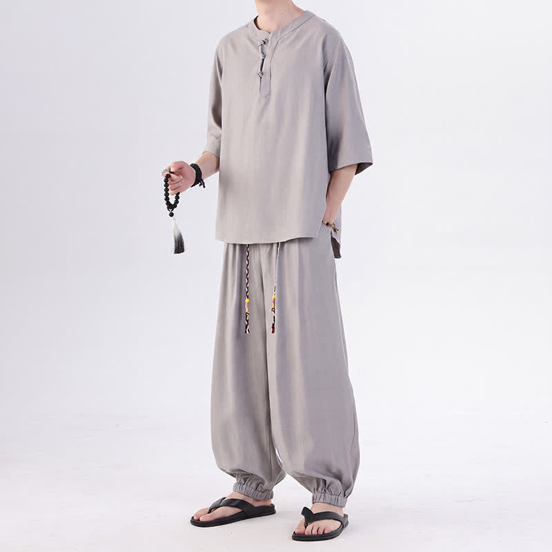 Buddha Stones Camisa de manga hasta el codo estilo Tang con botones de rana, color liso, ideal para primavera y verano. También disponible como prenda de meditación para hombre con bolsillo. - image 14