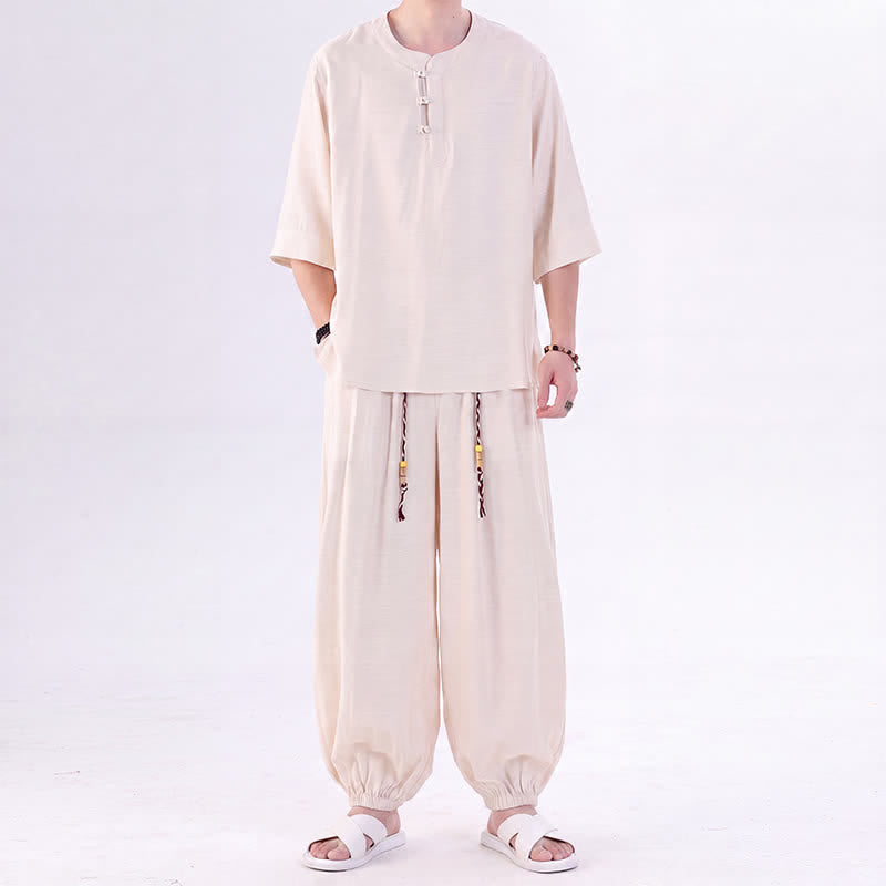 Buddha Stones Camisa de manga hasta el codo estilo Tang con botones de rana, color liso, ideal para primavera y verano. También disponible como prenda de meditación para hombre con bolsillo. - image 1