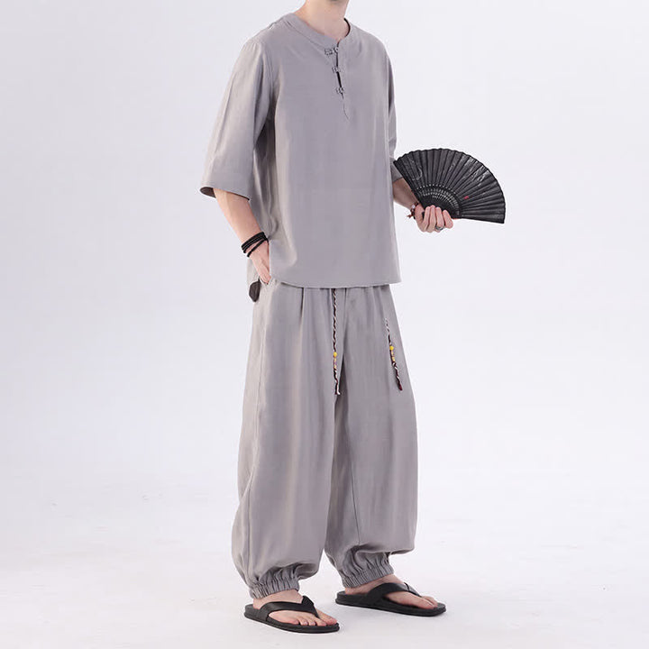 Buddha Stones Camisa de manga hasta el codo estilo Tang con botones de rana, color liso, ideal para primavera y verano. También disponible como prenda de meditación para hombre con bolsillo. - image 16
