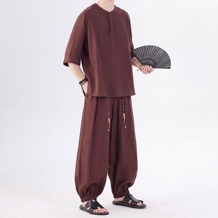 Buddha Stones Camisa de manga hasta el codo estilo Tang con botones de rana, color liso, ideal para primavera y verano. También disponible como prenda de meditación para hombre con bolsillo. - image 31