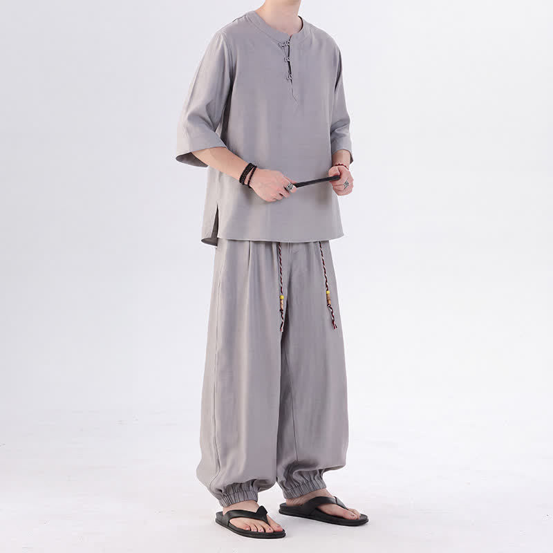 Buddha Stones Camisa de manga hasta el codo estilo Tang con botones de rana, color liso, ideal para primavera y verano. También disponible como prenda de meditación para hombre con bolsillo. - image 18
