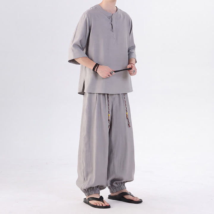 Buddha Stones Camisa de manga hasta el codo estilo Tang con botones de rana, color liso, ideal para primavera y verano. También disponible como prenda de meditación para hombre con bolsillo. - image 18