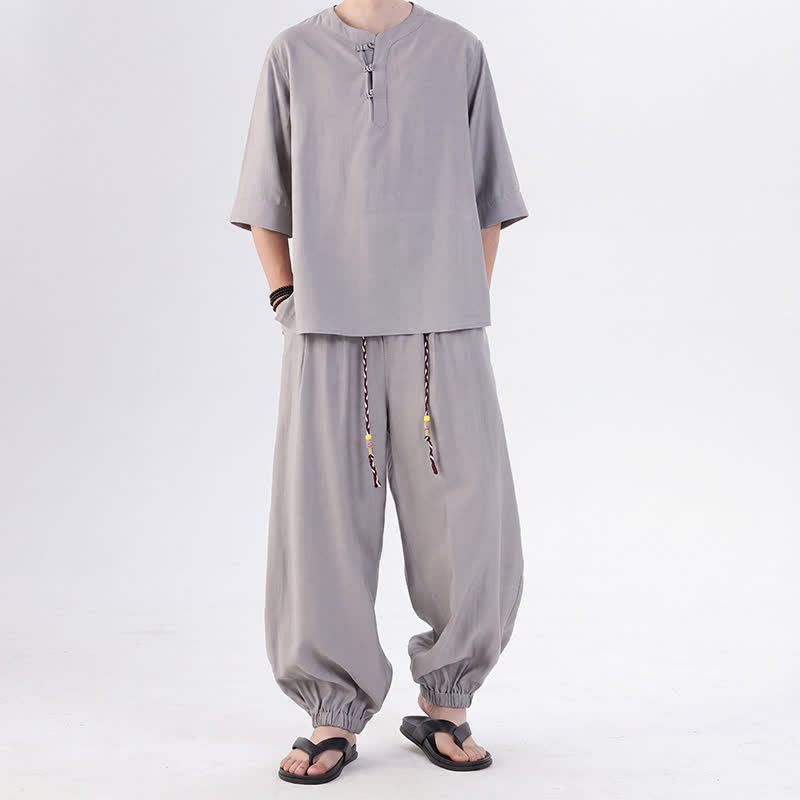 Buddha Stones Camisa de manga hasta el codo estilo Tang con botones de rana, color liso, ideal para primavera y verano. También disponible como prenda de meditación para hombre con bolsillo. - Plata - US/UK/AU46, EU56 (5XL) - image 11