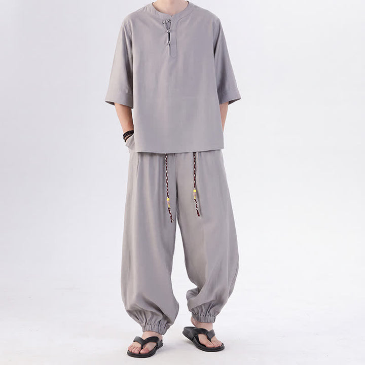 Buddha Stones Camisa de manga hasta el codo estilo Tang con botones de rana, color liso, ideal para primavera y verano. También disponible como prenda de meditación para hombre con bolsillo. - Plata - US/UK/AU46, EU56 (5XL) - image 11