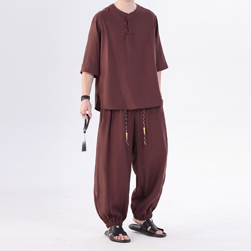 Buddha Stones Camisa de manga hasta el codo estilo Tang con botones de rana, color liso, ideal para primavera y verano. También disponible como prenda de meditación para hombre con bolsillo. - image 32