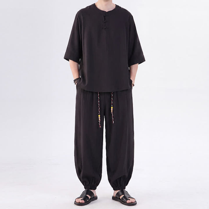 Buddha Stones Camisa de manga hasta el codo estilo Tang con botones de rana, color liso, ideal para primavera y verano. También disponible como prenda de meditación para hombre con bolsillo. - Negro - US/UK/AU46, EU56 (5XL) - image 20