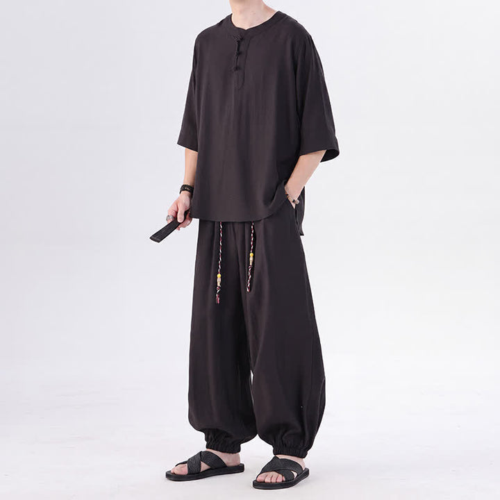 Buddha Stones Camisa de manga hasta el codo estilo Tang con botones de rana, color liso, ideal para primavera y verano. También disponible como prenda de meditación para hombre con bolsillo. - image 24