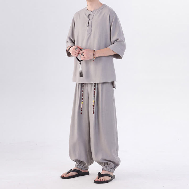 Buddha Stones Camisa de manga hasta el codo estilo Tang con botones de rana, color liso, ideal para primavera y verano. También disponible como prenda de meditación para hombre con bolsillo. - image 19