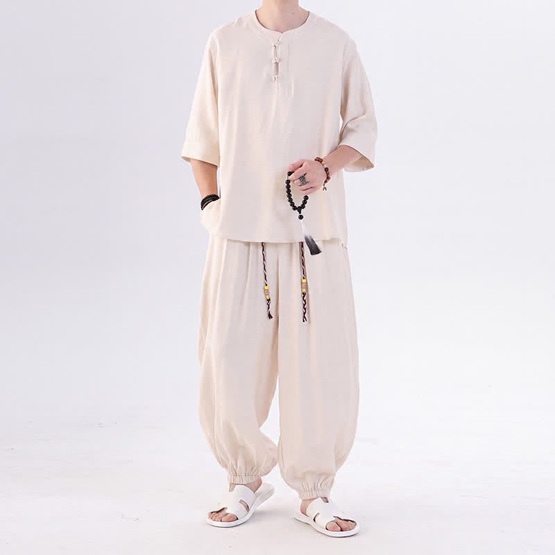 Buddha Stones Camisa de manga hasta el codo estilo Tang con botones de rana, color liso, ideal para primavera y verano. También disponible como prenda de meditación para hombre con bolsillo. - Blanco antiguo - US/UK/AU46, EU56 (5XL) - image 0