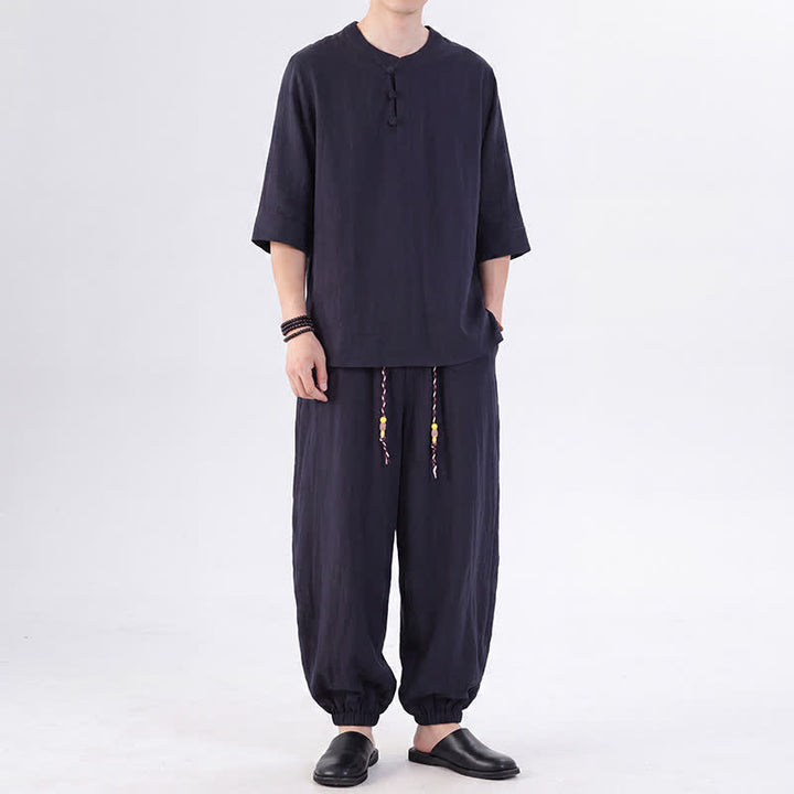 Buddha Stones Camisa de manga hasta el codo estilo Tang con botones de rana, color liso, ideal para primavera y verano. También disponible como prenda de meditación para hombre con bolsillo. - image 46