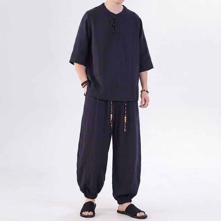 Buddha Stones Camisa de manga hasta el codo estilo Tang con botones de rana, color liso, ideal para primavera y verano. También disponible como prenda de meditación para hombre con bolsillo. - image 47