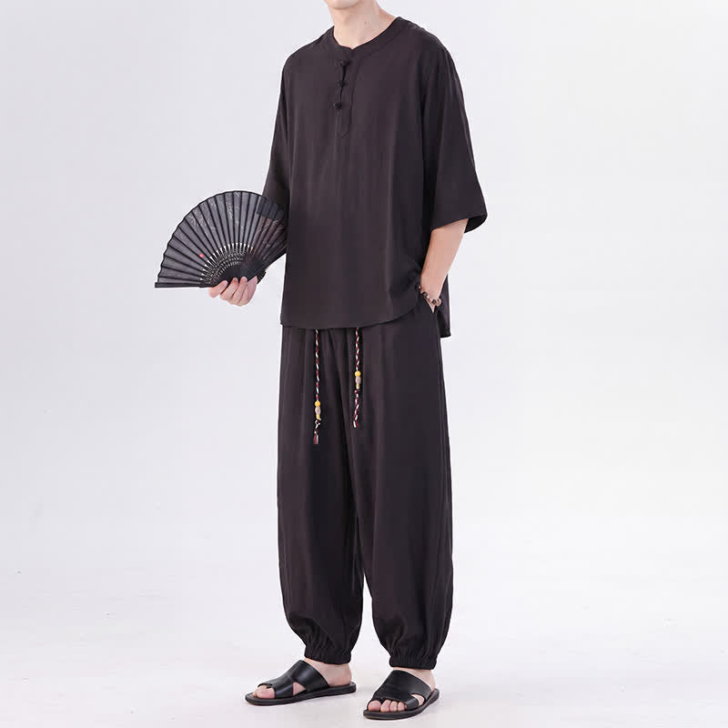 Buddha Stones Camisa de manga hasta el codo estilo Tang con botones de rana, color liso, ideal para primavera y verano. También disponible como prenda de meditación para hombre con bolsillo. - image 26