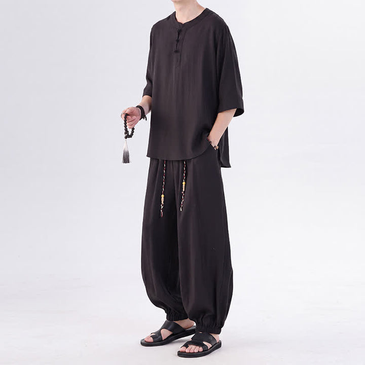 Buddha Stones Camisa de manga hasta el codo estilo Tang con botones de rana, color liso, ideal para primavera y verano. También disponible como prenda de meditación para hombre con bolsillo. - image 23