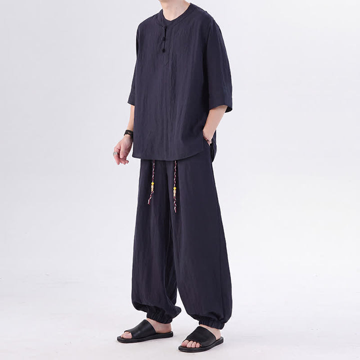 Buddha Stones Camisa de manga hasta el codo estilo Tang con botones de rana, color liso, ideal para primavera y verano. También disponible como prenda de meditación para hombre con bolsillo. - image 49