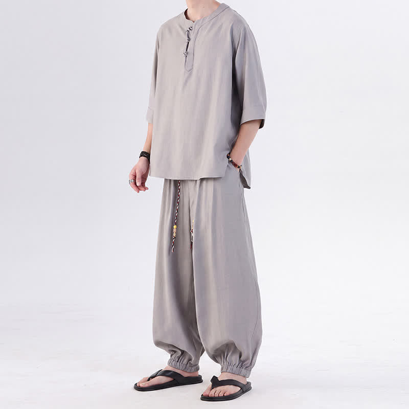 Buddha Stones Camisa de manga hasta el codo estilo Tang con botones de rana, color liso, ideal para primavera y verano. También disponible como prenda de meditación para hombre con bolsillo. - image 15