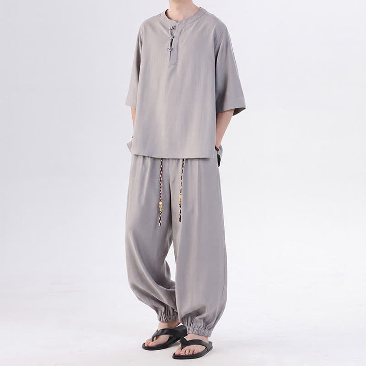 Buddha Stones Camisa de manga hasta el codo estilo Tang con botones de rana, color liso, ideal para primavera y verano. También disponible como prenda de meditación para hombre con bolsillo. - image 12