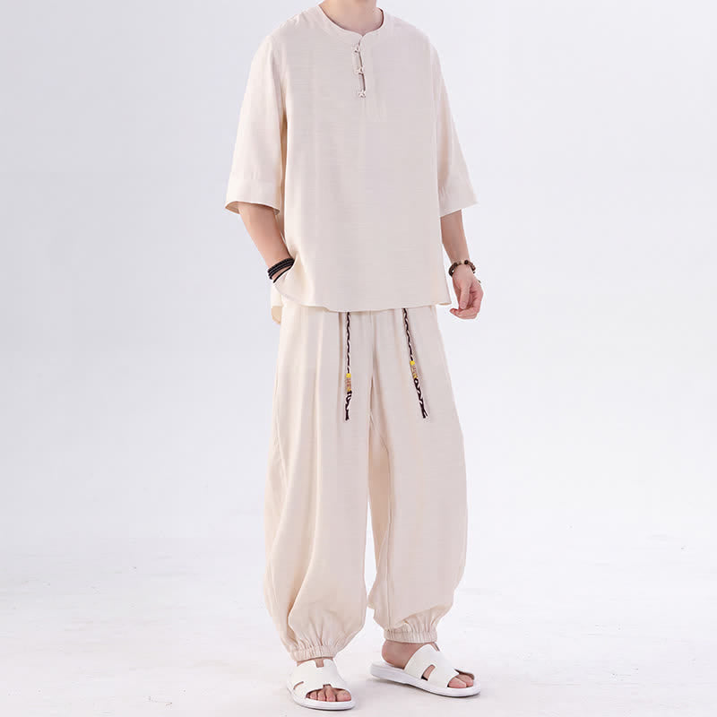 Buddha Stones Camisa de manga hasta el codo estilo Tang con botones de rana, color liso, ideal para primavera y verano. También disponible como prenda de meditación para hombre con bolsillo. - image 5