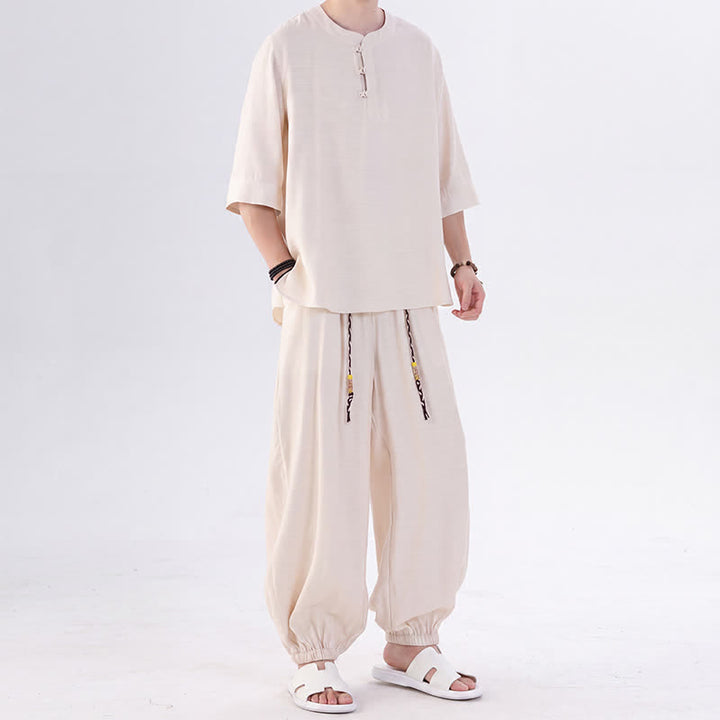 Buddha Stones Camisa de manga hasta el codo estilo Tang con botones de rana, color liso, ideal para primavera y verano. También disponible como prenda de meditación para hombre con bolsillo. - image 5