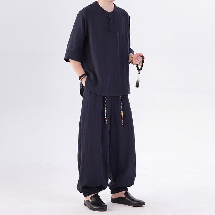 Buddha Stones Camisa de manga hasta el codo estilo Tang con botones de rana, color liso, ideal para primavera y verano. También disponible como prenda de meditación para hombre con bolsillo. - image 45