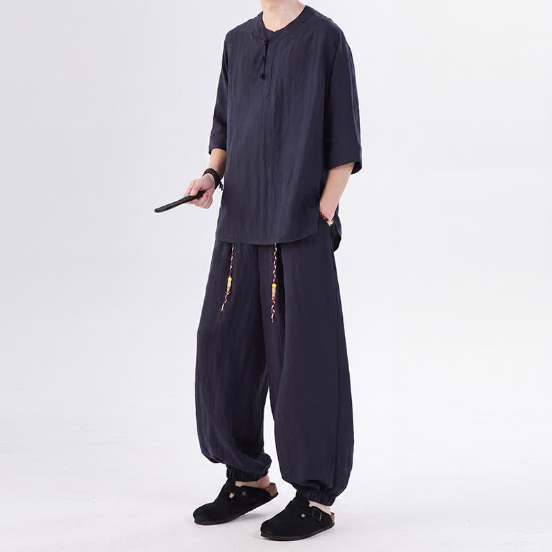 Buddha Stones Camisa de manga hasta el codo estilo Tang con botones de rana, color liso, ideal para primavera y verano. También disponible como prenda de meditación para hombre con bolsillo. - image 42