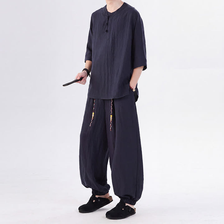 Buddha Stones Camisa de manga hasta el codo estilo Tang con botones de rana, color liso, ideal para primavera y verano. También disponible como prenda de meditación para hombre con bolsillo. - image 42