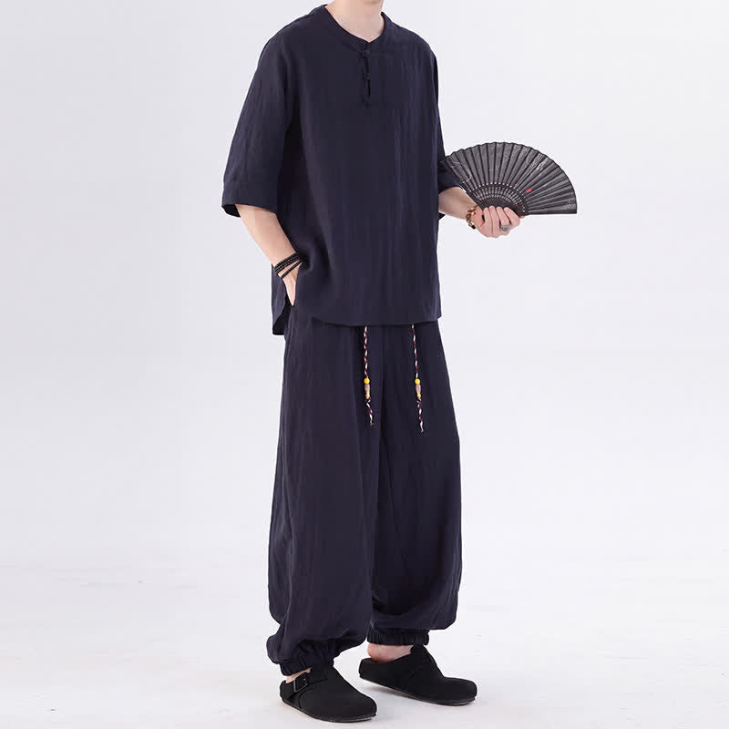 Buddha Stones Camisa de manga hasta el codo estilo Tang con botones de rana, color liso, ideal para primavera y verano. También disponible como prenda de meditación para hombre con bolsillo. - image 43