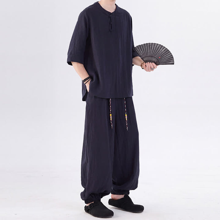 Buddha Stones Camisa de manga hasta el codo estilo Tang con botones de rana, color liso, ideal para primavera y verano. También disponible como prenda de meditación para hombre con bolsillo. - image 43