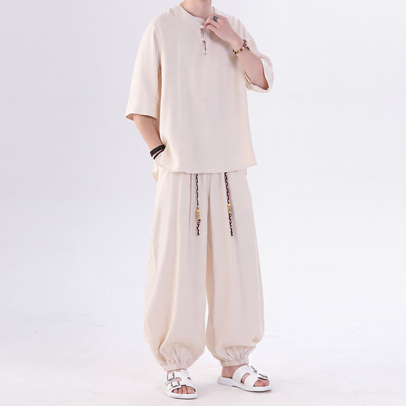 Buddha Stones Camisa de manga hasta el codo estilo Tang con botones de rana, color liso, ideal para primavera y verano. También disponible como prenda de meditación para hombre con bolsillo. - image 2