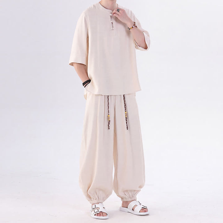 Buddha Stones Camisa de manga hasta el codo estilo Tang con botones de rana, color liso, ideal para primavera y verano. También disponible como prenda de meditación para hombre con bolsillo. - image 2