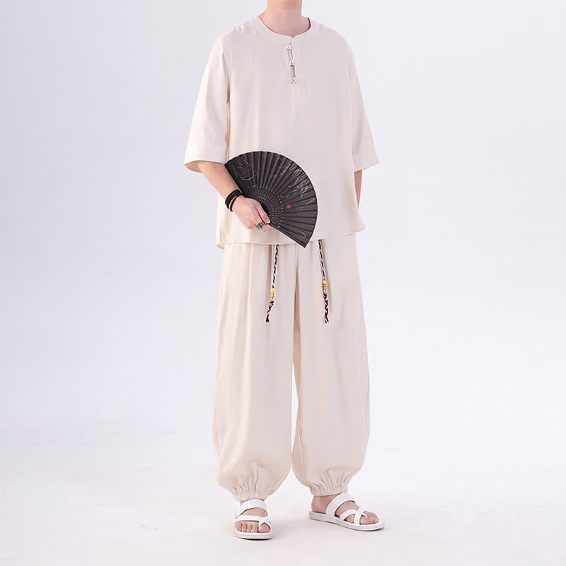 Buddha Stones Camisa de manga hasta el codo estilo Tang con botones de rana, color liso, ideal para primavera y verano. También disponible como prenda de meditación para hombre con bolsillo. - image 6