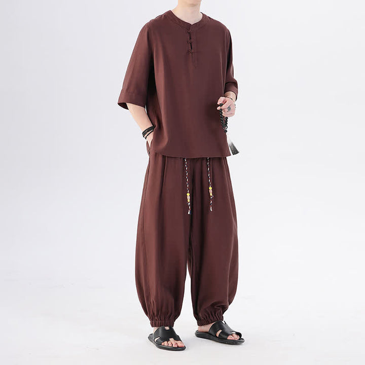 Buddha Stones Camisa de manga hasta el codo estilo Tang con botones de rana, color liso, ideal para primavera y verano. También disponible como prenda de meditación para hombre con bolsillo. - image 34