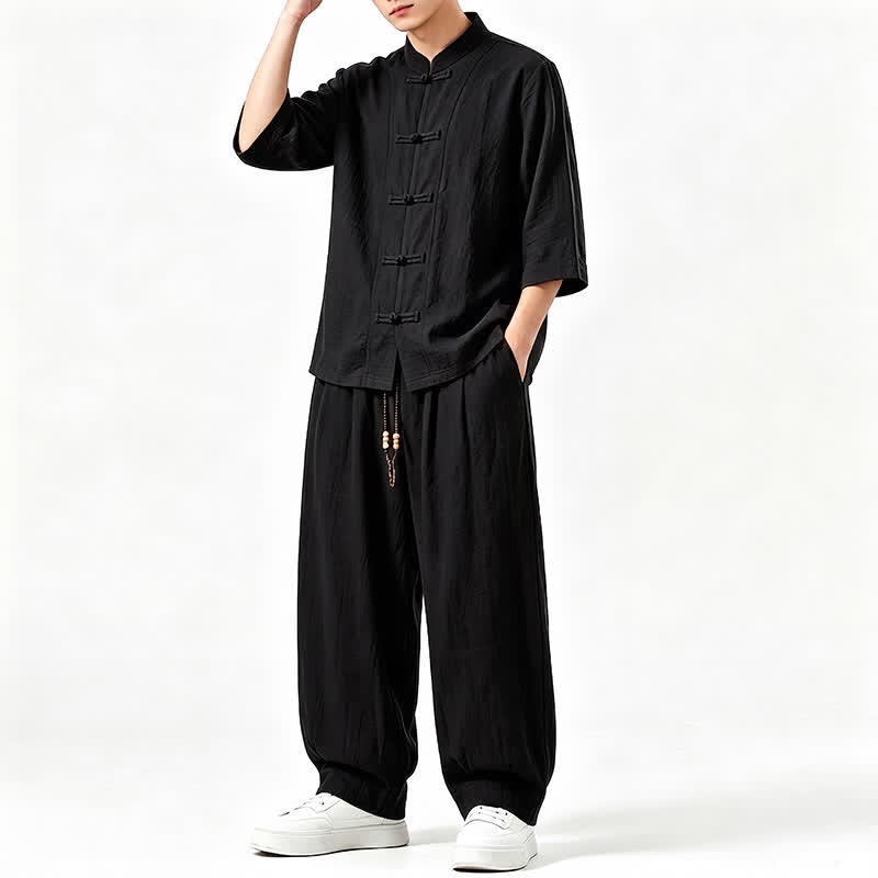 Buddha Stones Camisa de manga tres cuartos estilo Tang para hombre, ideal para meditación, con botones y estampado de rana. - image 12