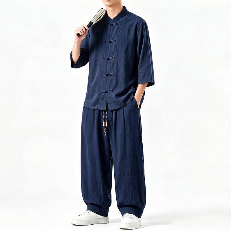 Buddha Stones Camisa de manga tres cuartos estilo Tang para hombre, ideal para meditación, con botones y estampado de rana. - image 16