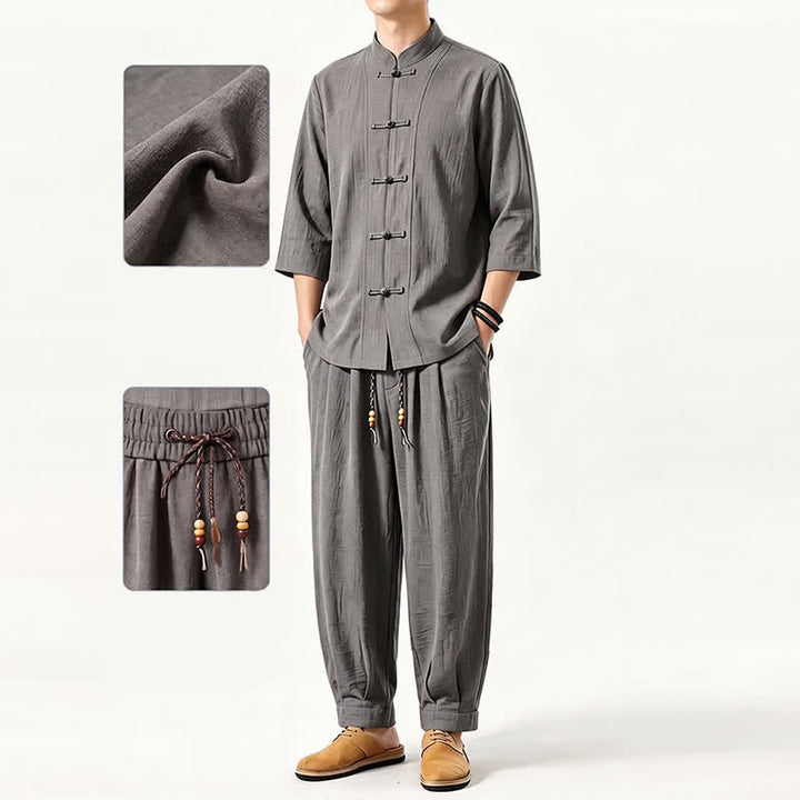 Buddha Stones Camisa de manga tres cuartos estilo Tang para hombre, ideal para meditación, con botones y estampado de rana. - image 4