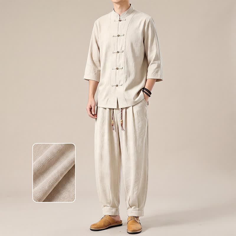 Buddha Stones Camisa de manga tres cuartos estilo Tang para hombre, ideal para meditación, con botones y estampado de rana. - image 22