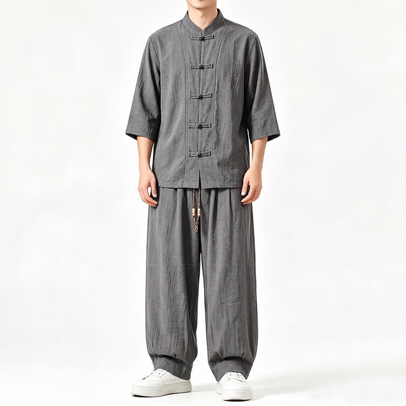 Buddha Stones Camisa de manga tres cuartos estilo Tang para hombre, ideal para meditación, con botones y estampado de rana. - image 1