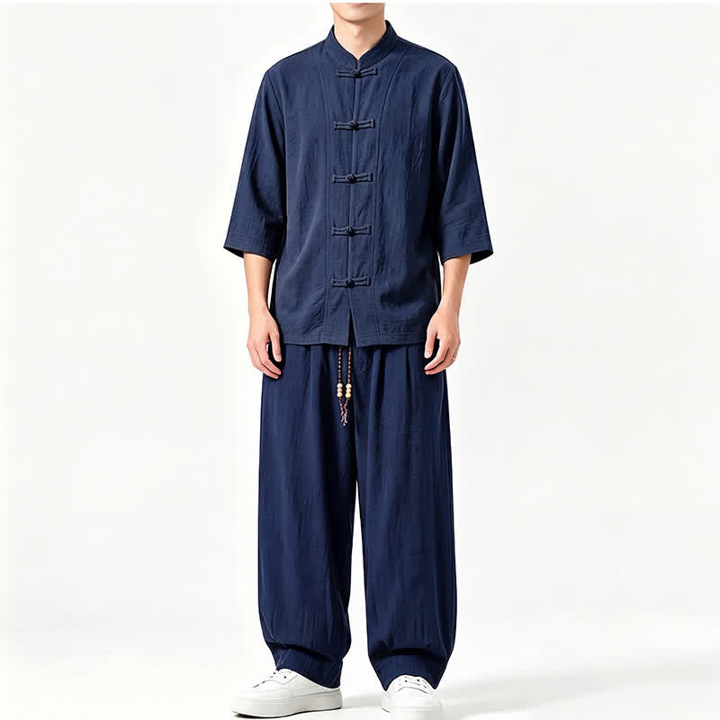 Buddha Stones Camisa de manga tres cuartos estilo Tang para hombre, ideal para meditación, con botones y estampado de rana. - Marina de guerra - US/UK/AU46, EU56 (5XL) - image 15