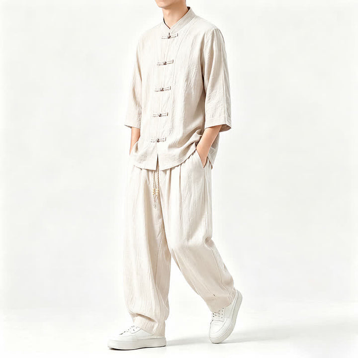 Buddha Stones Camisa de manga tres cuartos estilo Tang para hombre, ideal para meditación, con botones y estampado de rana. - image 21