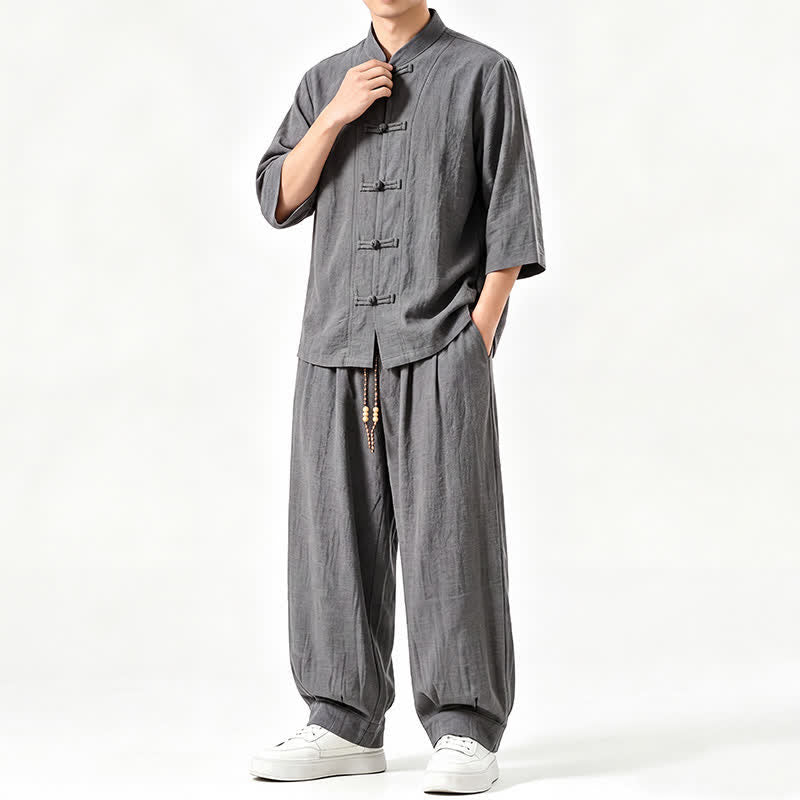 Buddha Stones Camisa de manga tres cuartos estilo Tang para hombre, ideal para meditación, con botones y estampado de rana. - Gris oscuro - US/UK/AU46, EU56 (5XL) - image 0