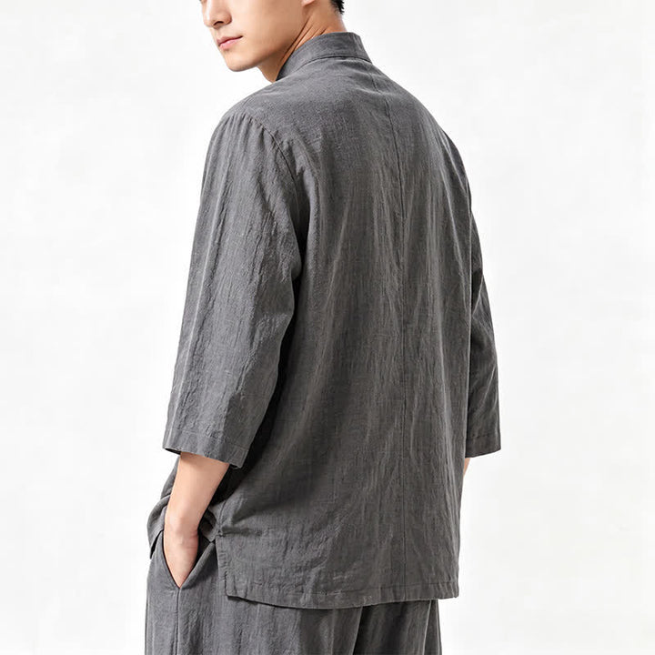 Buddha Stones Camisa de manga tres cuartos estilo Tang para hombre, ideal para meditación, con botones y estampado de rana. - image 6