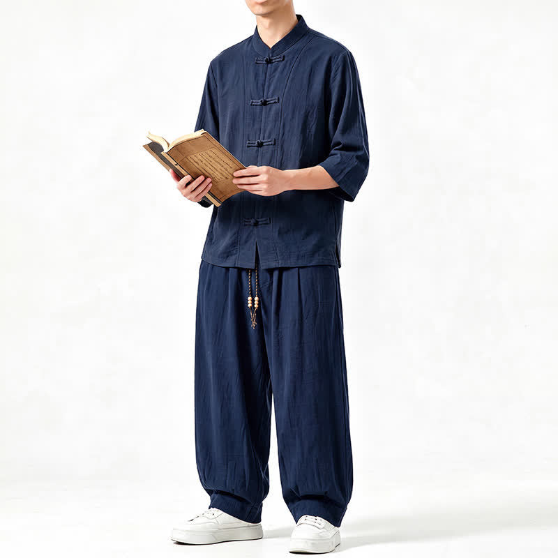 Buddha Stones Camisa de manga tres cuartos estilo Tang para hombre, ideal para meditación, con botones y estampado de rana. - image 17