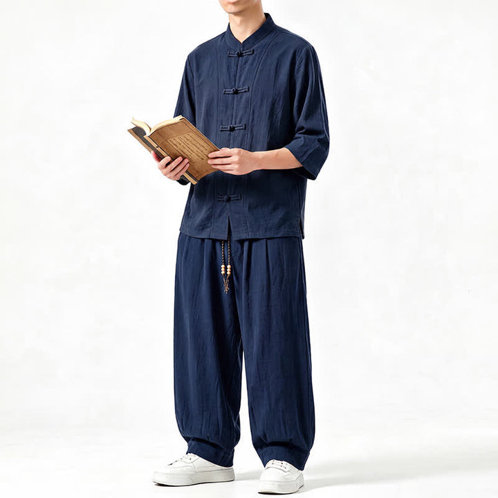 Buddha Stones Camisa de manga tres cuartos estilo Tang para hombre, ideal para meditación, con botones y estampado de rana. - image 17