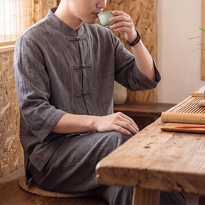 Buddha Stones Camisa de manga tres cuartos estilo Tang para hombre, ideal para meditación, con botones y estampado de rana. - image 7