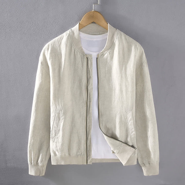 Buddha Stones Chaqueta de lino para hombre, estilo casual minimalista, con cremallera y bolsillos, ideal para primavera. - Almendra blanqueada - US/UK/AU42, EU52 (3XL) - image 0