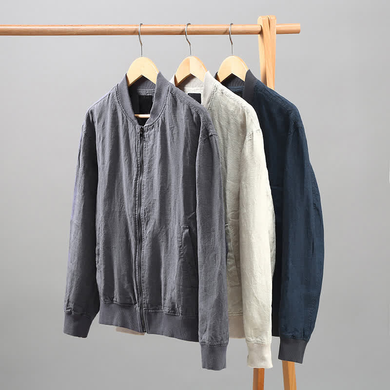 Buddha Stones Chaqueta de lino para hombre, estilo casual minimalista, con cremallera y bolsillos, ideal para primavera. - image 10