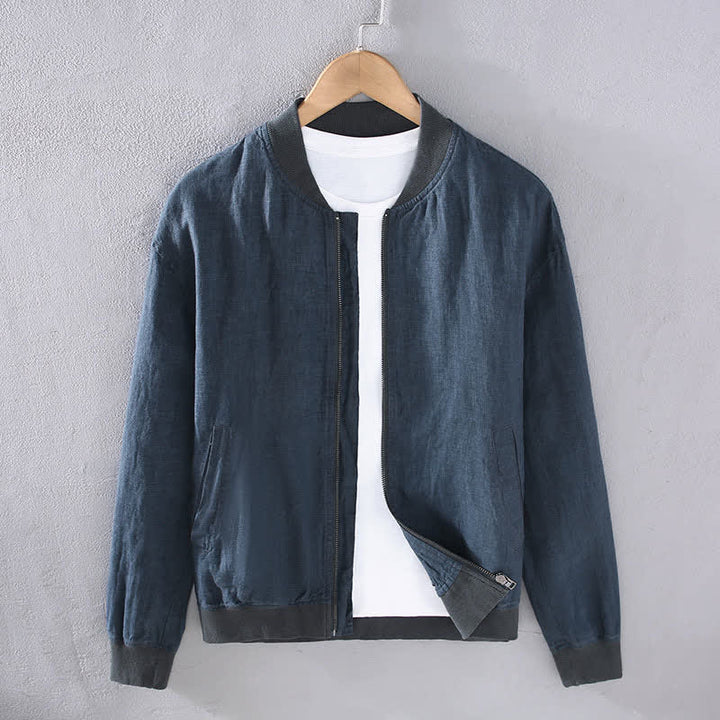 Buddha Stones Chaqueta de lino para hombre, estilo casual minimalista, con cremallera y bolsillos, ideal para primavera. - Azul acero - US/UK/AU42, EU52 (3XL) - image 9